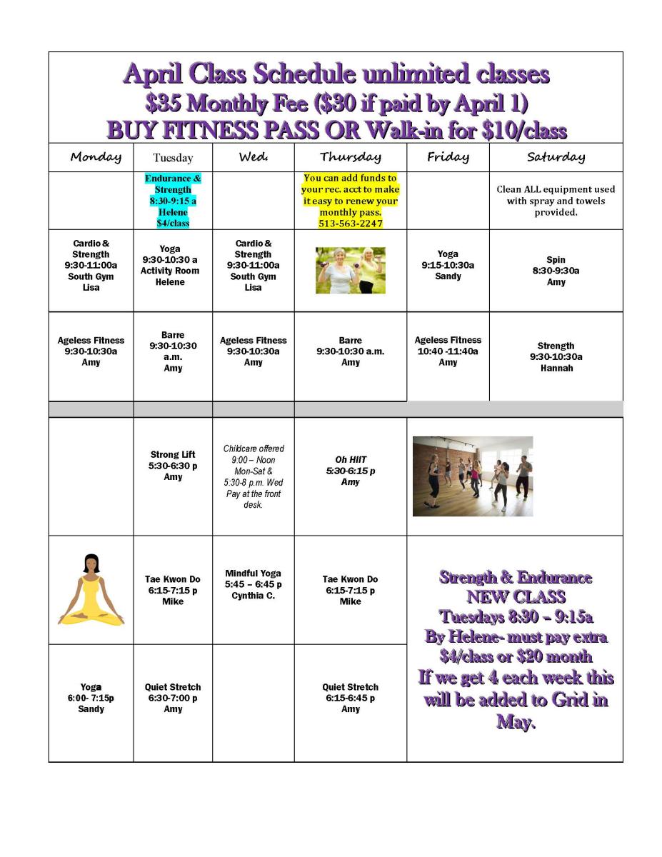 April 2024 group fitness class grid.
