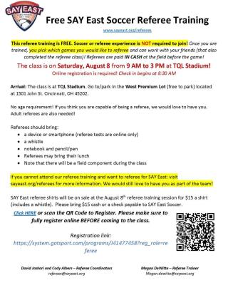 Soccer referees needed in Evendale